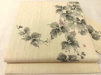 平和屋着物●九寸名古屋帯　作家物　手描き　生紬　蔦の葉花文　正絹　逸品　CABL0016vp