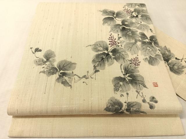 平和屋着物●九寸名古屋帯　作家物　手描き　生紬　蔦の葉花文　正絹　逸品　CABL0016vp