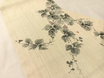 平和屋着物●九寸名古屋帯　作家物　手描き　生紬　蔦の葉花文　正絹　逸品　CABL0016vp
