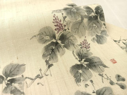 平和屋着物●九寸名古屋帯　作家物　手描き　生紬　蔦の葉花文　正絹　逸品　CABL0016vp