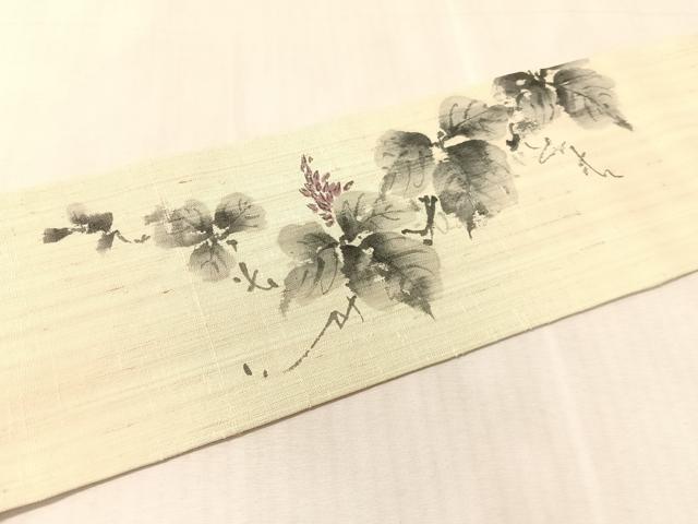 平和屋着物●九寸名古屋帯　作家物　手描き　生紬　蔦の葉花文　正絹　逸品　CABL0016vp