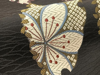 平和屋着物●九寸名古屋帯　唐織　雪輪舞桜　黒地　正絹　逸品　未使用　CABL0017vp