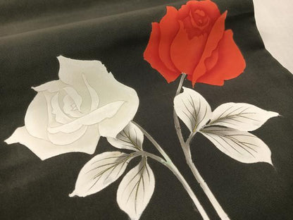 平和屋着物●塩瀬　九寸開き名古屋帯　手描き　バラ　黒地　金彩　正絹　逸品　CABL0018vp