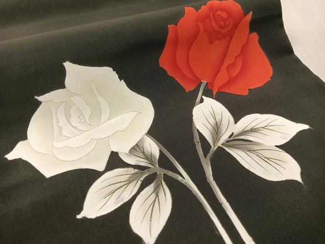 平和屋着物●塩瀬　九寸開き名古屋帯　手描き　バラ　黒地　金彩　正絹　逸品　CABL0018vp