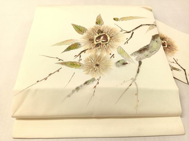 平和屋着物●塩瀬　九寸名古屋帯　手描き　栗　正絹　逸品　CABL0021vp