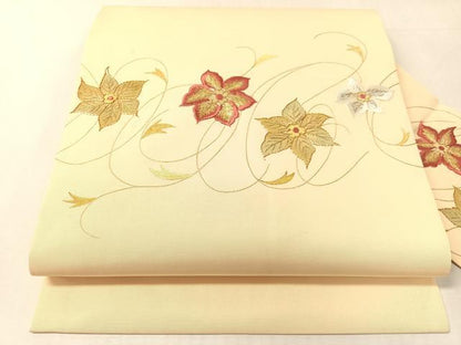 平和屋着物●塩瀬　九寸名古屋帯　駒刺繍　草花文　金銀糸　正絹　逸品　CABL0022vp