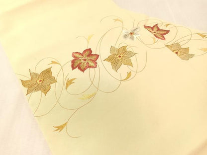 平和屋着物●塩瀬　九寸名古屋帯　駒刺繍　草花文　金銀糸　正絹　逸品　CABL0022vp