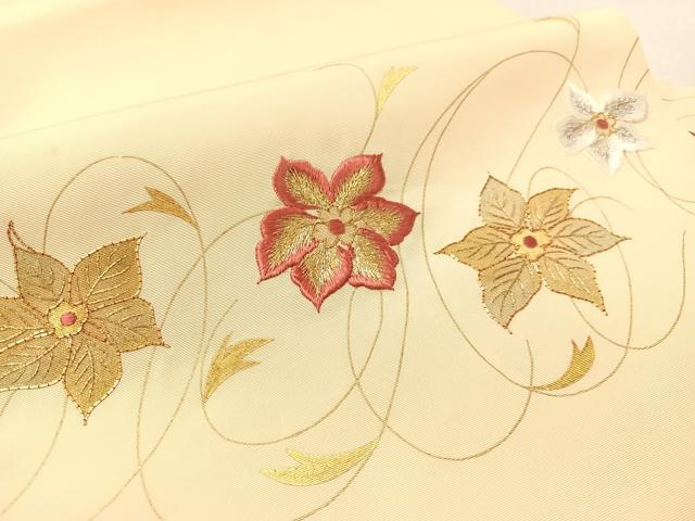 平和屋着物●塩瀬　九寸名古屋帯　駒刺繍　草花文　金銀糸　正絹　逸品　CABL0022vp