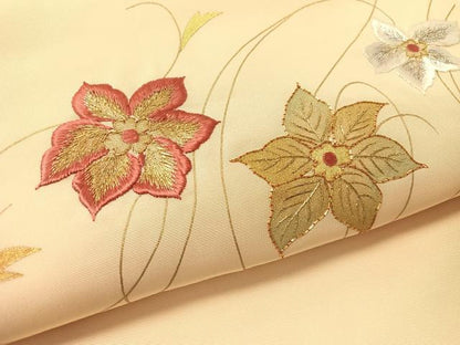 平和屋着物●塩瀬　九寸名古屋帯　駒刺繍　草花文　金銀糸　正絹　逸品　CABL0022vp