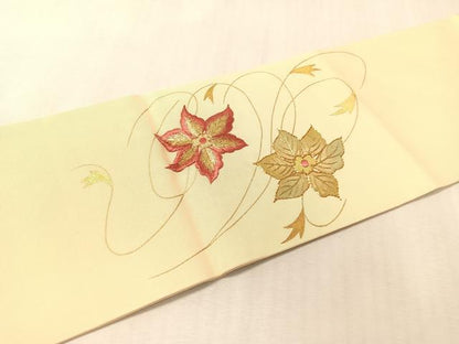 平和屋着物●塩瀬　九寸名古屋帯　駒刺繍　草花文　金銀糸　正絹　逸品　CABL0022vp