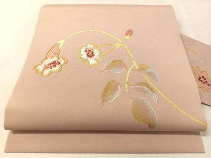 平和屋着物●塩瀬　九寸名古屋帯　駒刺繍　枝花文　金銀彩　正絹　逸品　CABL0024vp