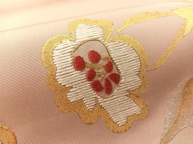 平和屋着物●塩瀬　九寸名古屋帯　駒刺繍　枝花文　金銀彩　正絹　逸品　CABL0024vp