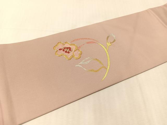 平和屋着物●塩瀬　九寸名古屋帯　駒刺繍　枝花文　金銀彩　正絹　逸品　CABL0024vp