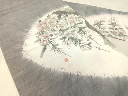 平和屋着物●九寸名古屋帯　作家物　手描き　紬地　絞り　枝垂れ桜　正絹　逸品　CABL0025vp