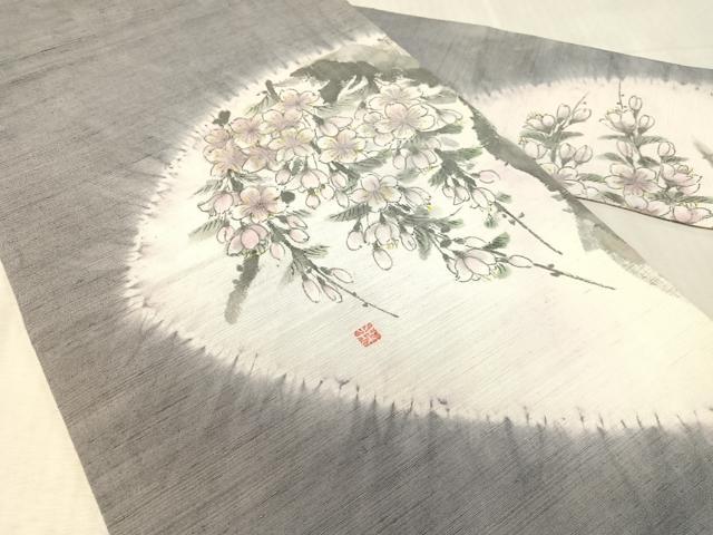 平和屋着物●九寸名古屋帯　作家物　手描き　紬地　絞り　枝垂れ桜　正絹　逸品　CABL0025vp