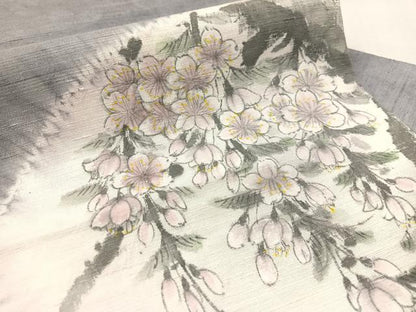 平和屋着物●九寸名古屋帯　作家物　手描き　紬地　絞り　枝垂れ桜　正絹　逸品　CABL0025vp
