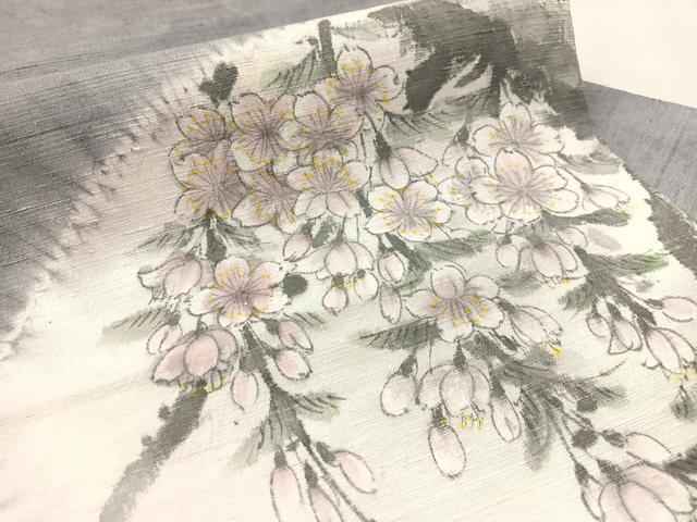 平和屋着物●九寸名古屋帯　作家物　手描き　紬地　絞り　枝垂れ桜　正絹　逸品　CABL0025vp