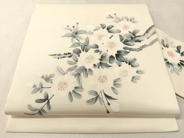 平和屋着物●塩瀬　九寸名古屋帯　作家物　手描き　草花文　正絹　逸品　未使用　CABL0029vp