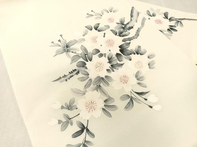 平和屋着物●塩瀬　九寸名古屋帯　作家物　手描き　草花文　正絹　逸品　未使用　CABL0029vp