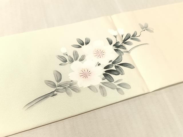 平和屋着物●塩瀬　九寸名古屋帯　作家物　手描き　草花文　正絹　逸品　未使用　CABL0029vp