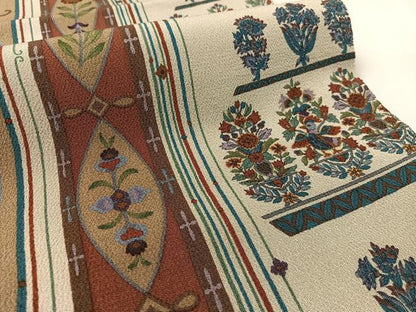 平和屋着物●全通柄　九寸開き名古屋帯　更紗花鳥間道　金彩　鬼しぼ縮緬　正絹　逸品　CABL0030vp