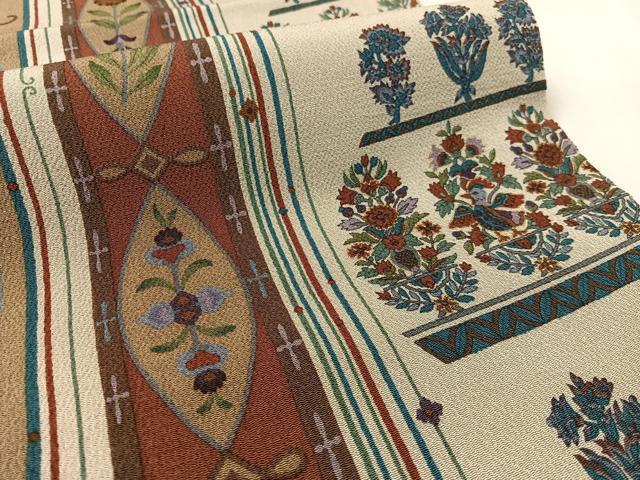 平和屋着物●全通柄　九寸開き名古屋帯　更紗花鳥間道　金彩　鬼しぼ縮緬　正絹　逸品　CABL0030vp