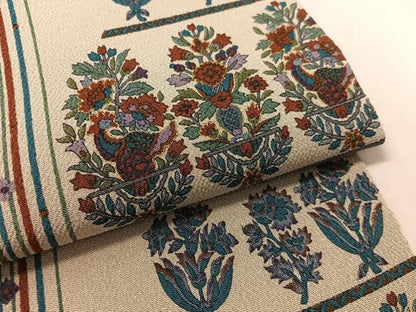 平和屋着物●全通柄　九寸開き名古屋帯　更紗花鳥間道　金彩　鬼しぼ縮緬　正絹　逸品　CABL0030vp