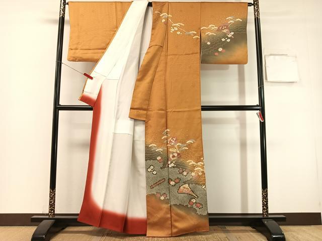 平和屋着物●訪問着　絞り　扇面花文　暈し染め　金彩　正絹　逸品　CABL0050vp
