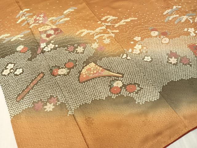 平和屋着物●訪問着　絞り　扇面花文　暈し染め　金彩　正絹　逸品　CABL0050vp
