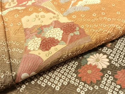平和屋着物●訪問着　絞り　扇面花文　暈し染め　金彩　正絹　逸品　CABL0050vp