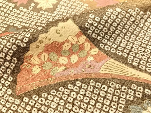 平和屋着物●訪問着　絞り　扇面花文　暈し染め　金彩　正絹　逸品　CABL0050vp