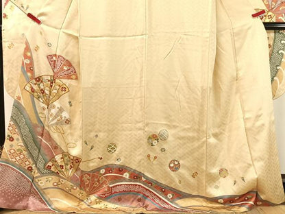 平和屋着物●豪華振袖　駒刺繍　檜扇花文　金彩　正絹　逸品　CABL0055vp