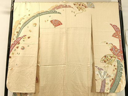 平和屋着物●豪華振袖　駒刺繍　檜扇花文　金彩　正絹　逸品　CABL0055vp