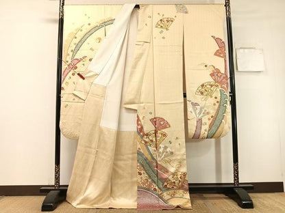 平和屋着物●豪華振袖　駒刺繍　檜扇花文　金彩　正絹　逸品　CABL0055vp