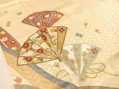 平和屋着物●豪華振袖　駒刺繍　檜扇花文　金彩　正絹　逸品　CABL0055vp