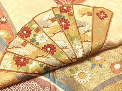 平和屋着物●豪華振袖　駒刺繍　檜扇花文　金彩　正絹　逸品　CABL0055vp