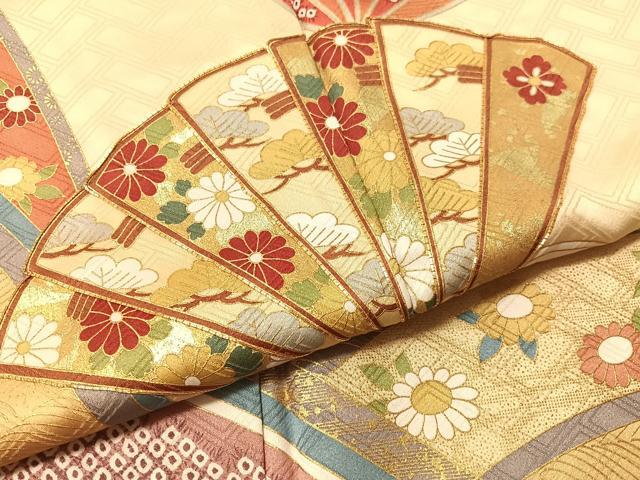 平和屋着物●豪華振袖　駒刺繍　檜扇花文　金彩　正絹　逸品　CABL0055vp