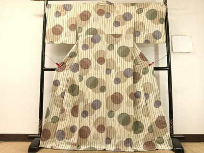 平和屋着物●上質な小紋　よろけ縞丸文　ロング丈　正絹　逸品　CABL0065vp