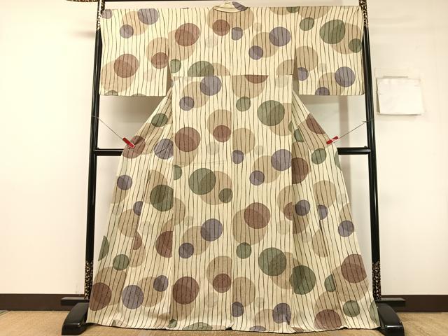 平和屋着物●上質な小紋　よろけ縞丸文　ロング丈　正絹　逸品　CABL0065vp