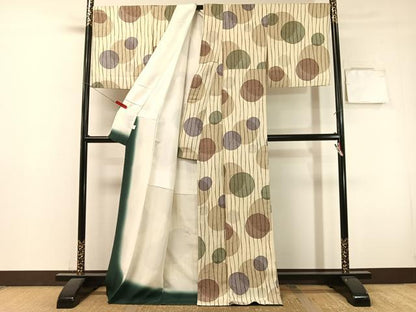 平和屋着物●上質な小紋　よろけ縞丸文　ロング丈　正絹　逸品　CABL0065vp