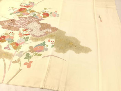 平和屋着物●京友禅の第一人者　松井青々　訪問着　駒刺繍　絞り　霞草花文　金銀彩　正絹　逸品　CABL0077vp