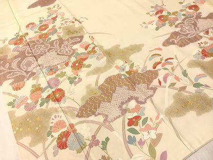平和屋着物●京友禅の第一人者　松井青々　訪問着　駒刺繍　絞り　霞草花文　金銀彩　正絹　逸品　CABL0077vp