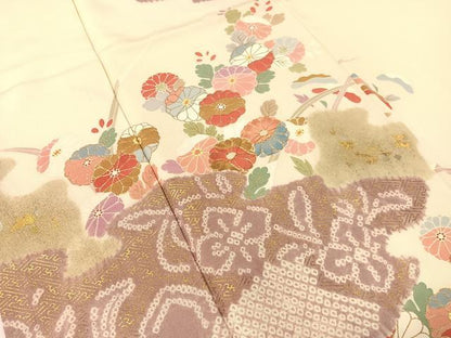 平和屋着物●京友禅の第一人者　松井青々　訪問着　駒刺繍　絞り　霞草花文　金銀彩　正絹　逸品　CABL0077vp