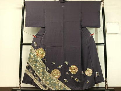 平和屋着物●豪華色留袖　駒刺繍　花唐草鳳凰文　金彩　正絹　逸品　CABL0078vp