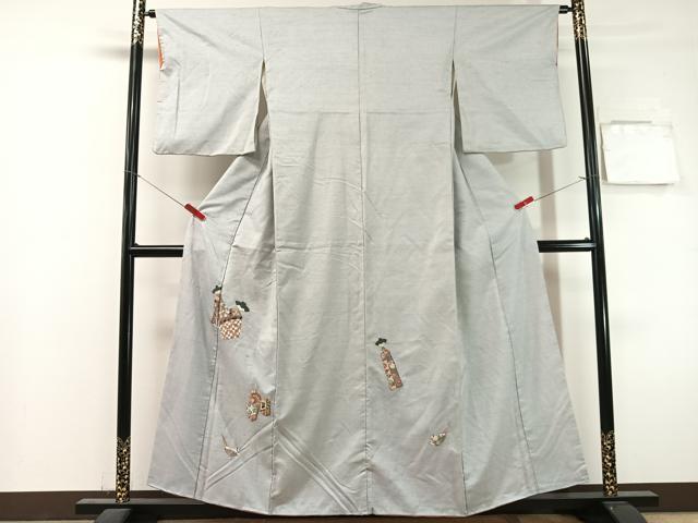 平和屋着物●中国三大刺繍　総相良刺繍　訪問着　紬地　こけし　銀糸　正絹　逸品　CABL0079vp
