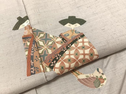 平和屋着物●中国三大刺繍　総相良刺繍　訪問着　紬地　こけし　銀糸　正絹　逸品　CABL0079vp