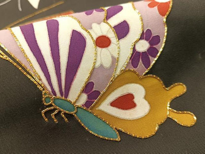 平和屋着物●塩瀬　九寸名古屋帯　駒刺繍　舞蝶文　黒地　金糸　正絹　逸品　CABL0088vp