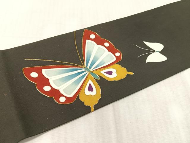 平和屋着物●塩瀬　九寸名古屋帯　駒刺繍　舞蝶文　黒地　金糸　正絹　逸品　CABL0088vp