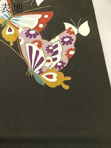 平和屋着物●塩瀬　九寸名古屋帯　駒刺繍　舞蝶文　黒地　金糸　正絹　逸品　CABL0088vp