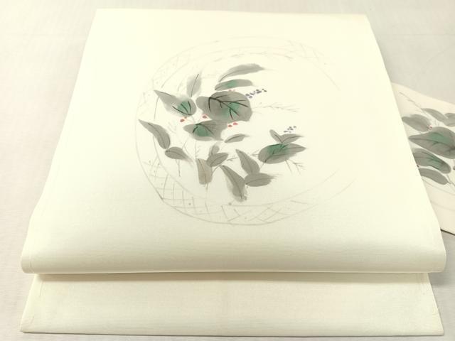 平和屋着物●塩瀬　九寸名古屋帯　作家物　手描き　草花丸文　正絹　逸品　CABL0090vp